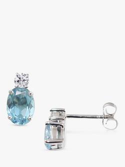 E.W Adams 9ct White Gold Diamond and Aquamarine Oval Stud Earrings, Blue