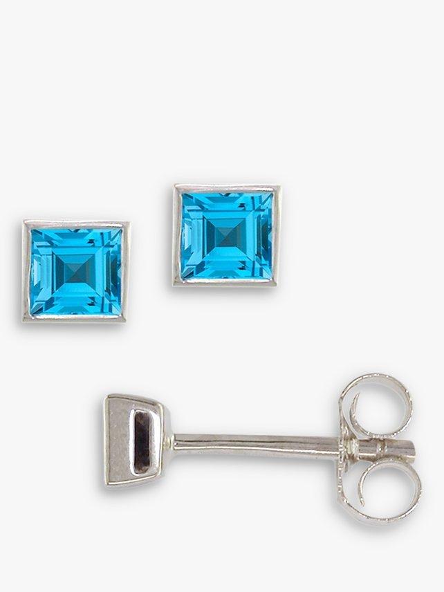 Product image 1 of 3, which shows E.W Adams 9ct Gold Princess Cut Stone Square Stud Earrings, Blue Topaz