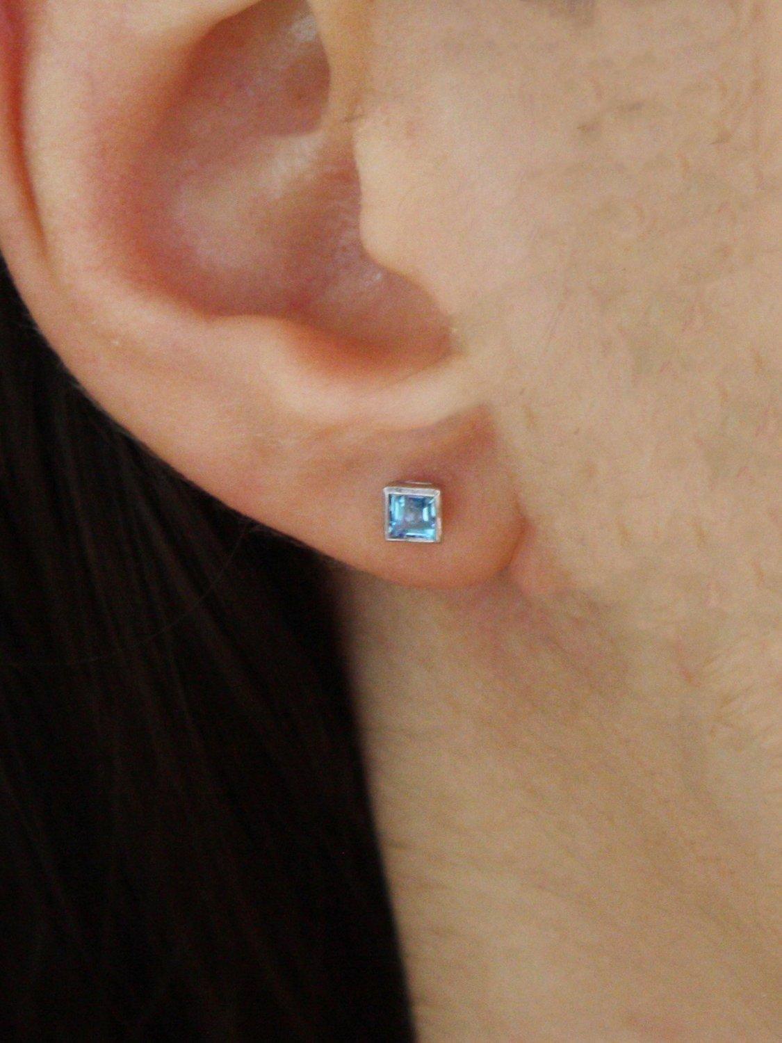 Product image 3 of 3, which shows E.W Adams 9ct Gold Princess Cut Stone Square Stud Earrings, Blue Topaz