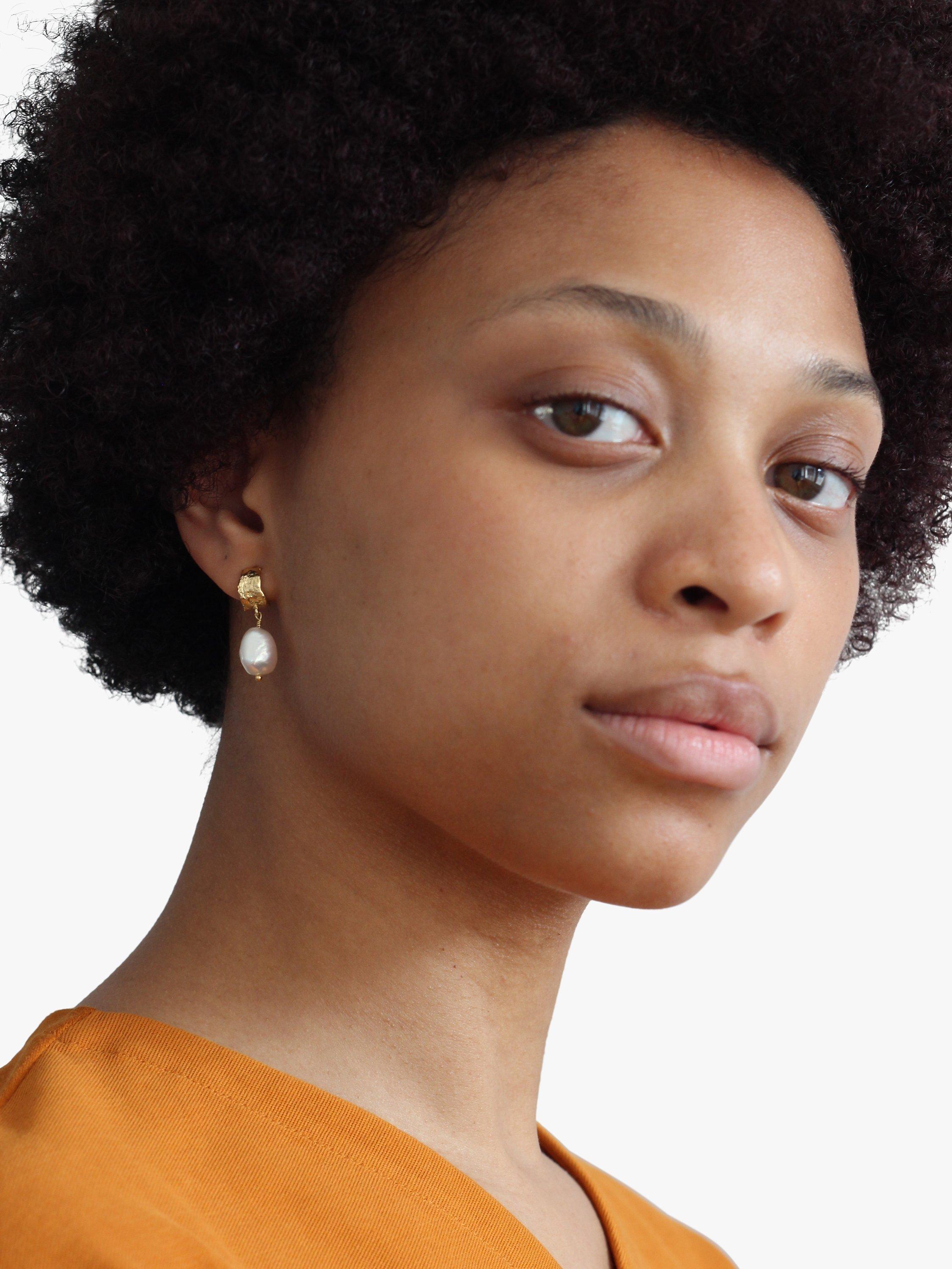 Product image 2 of 4, which shows Alex Monroe Natural History Pearl Drop Earrings, Gold/White