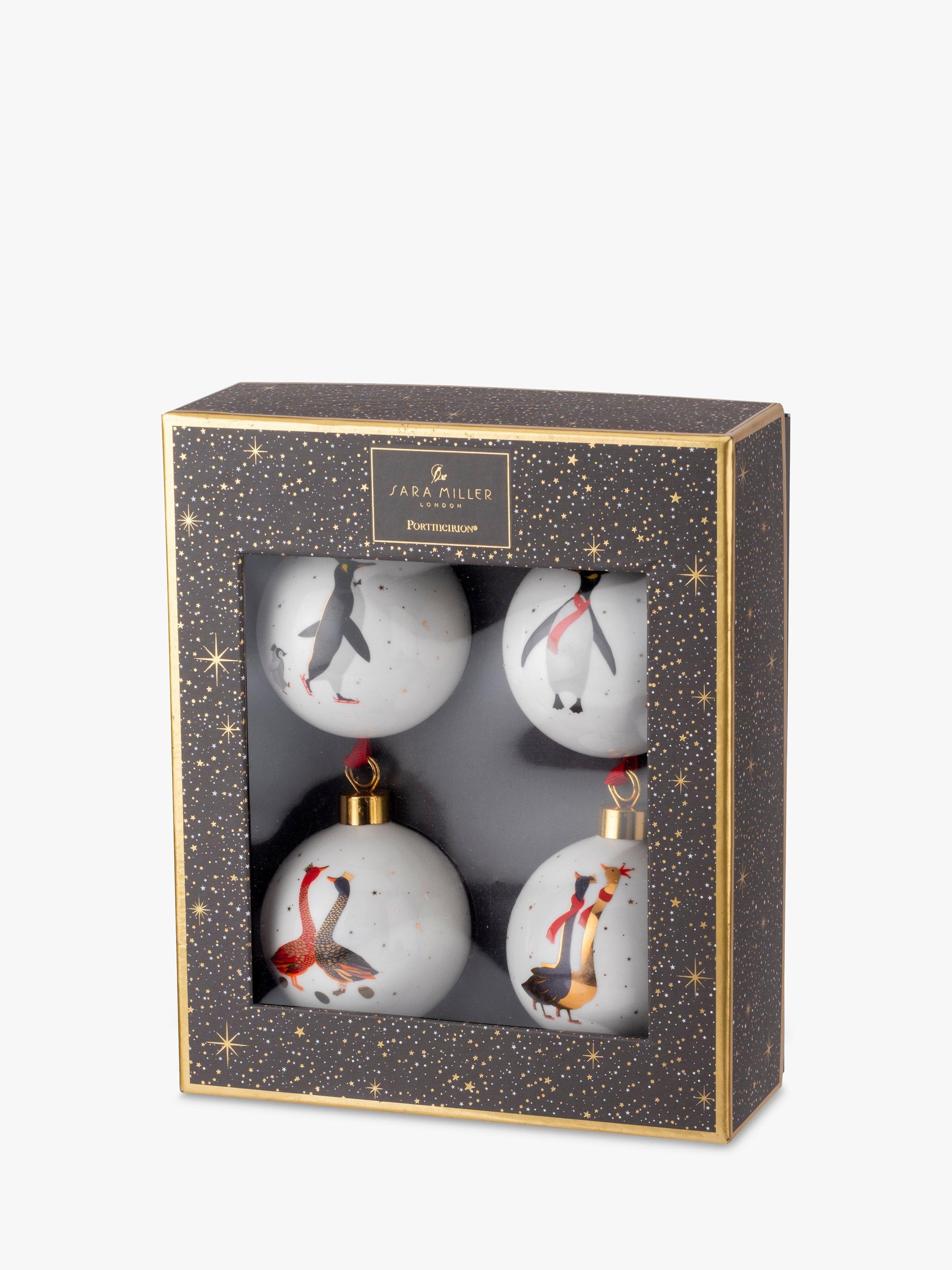 Sara Miller Christmas Penguin & Geese Porcelain Baubles, Set of 4, Assorted