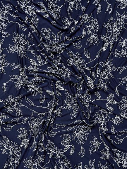 Montreux Fabrics Exclusive White Line Drawn Floral Print Fabric, Navy - view 2, Navy