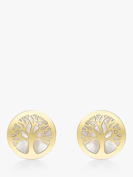 IBB 9ct Gold Mother of Pearl Life Tree Round Stud Earrings, Gold, Yellow Gold