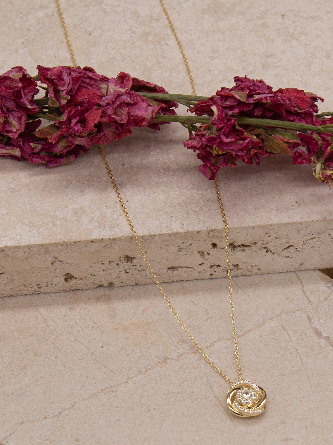 Product image 3 of 4, which shows IBB 9ct Gold Cubic Zirconia Rose Pendant Necklace, Gold