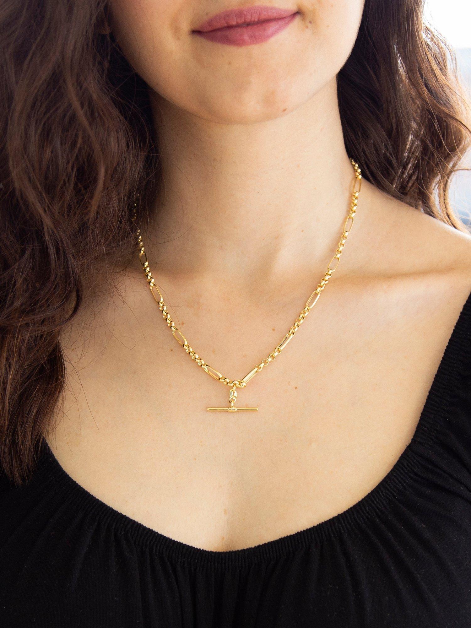 Product image 2 of 4, which shows IBB 9ct Gold T-Bar Figaro Chain Necklace, Gold