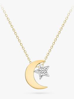 IBB 9ct Yellow and White Gold Moon and Textured Star Pendant Necklace, Silver/Gold