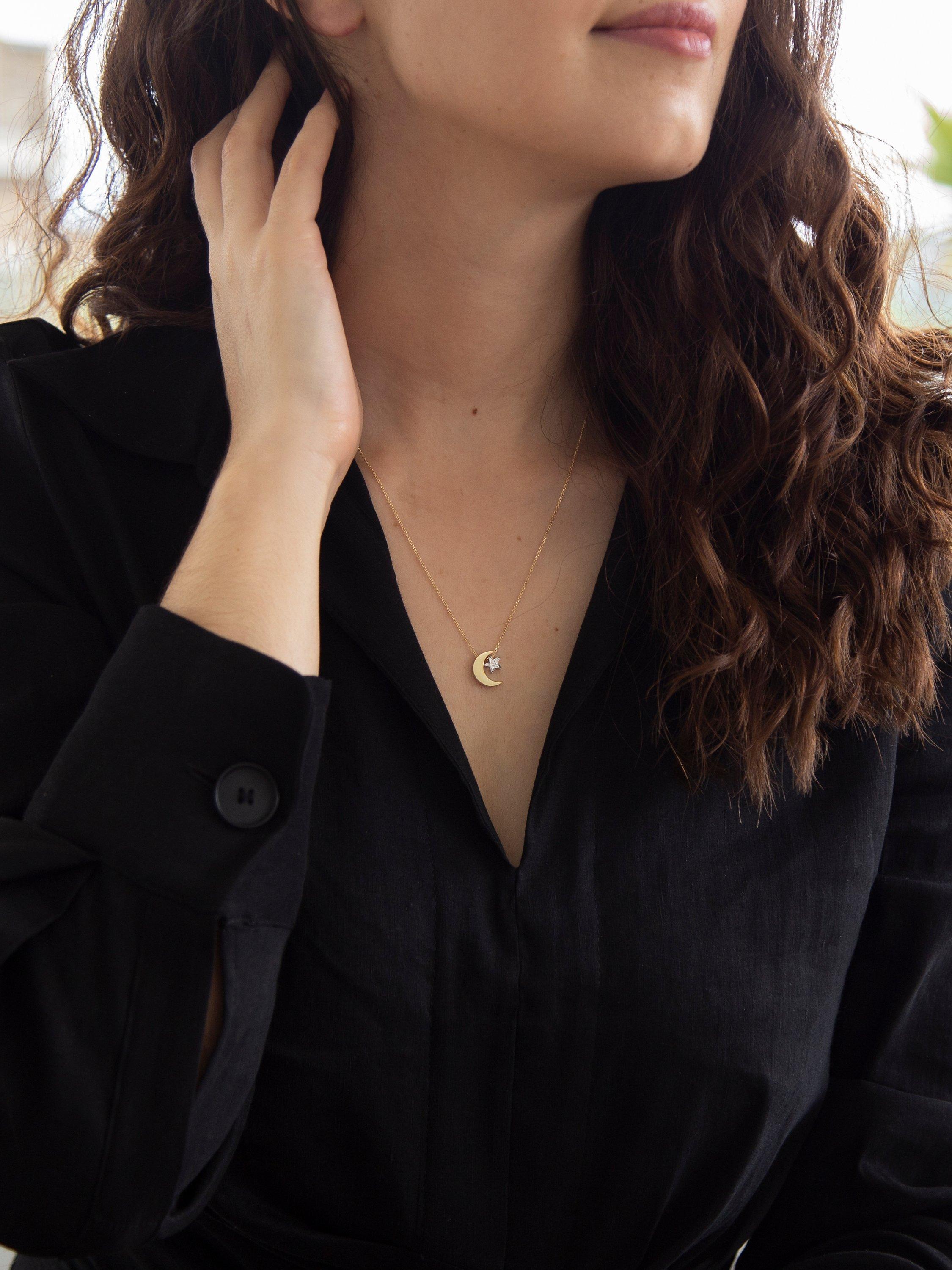 Product image 2 of 4, which shows IBB 9ct Yellow and White Gold Moon and Textured Star Pendant Necklace