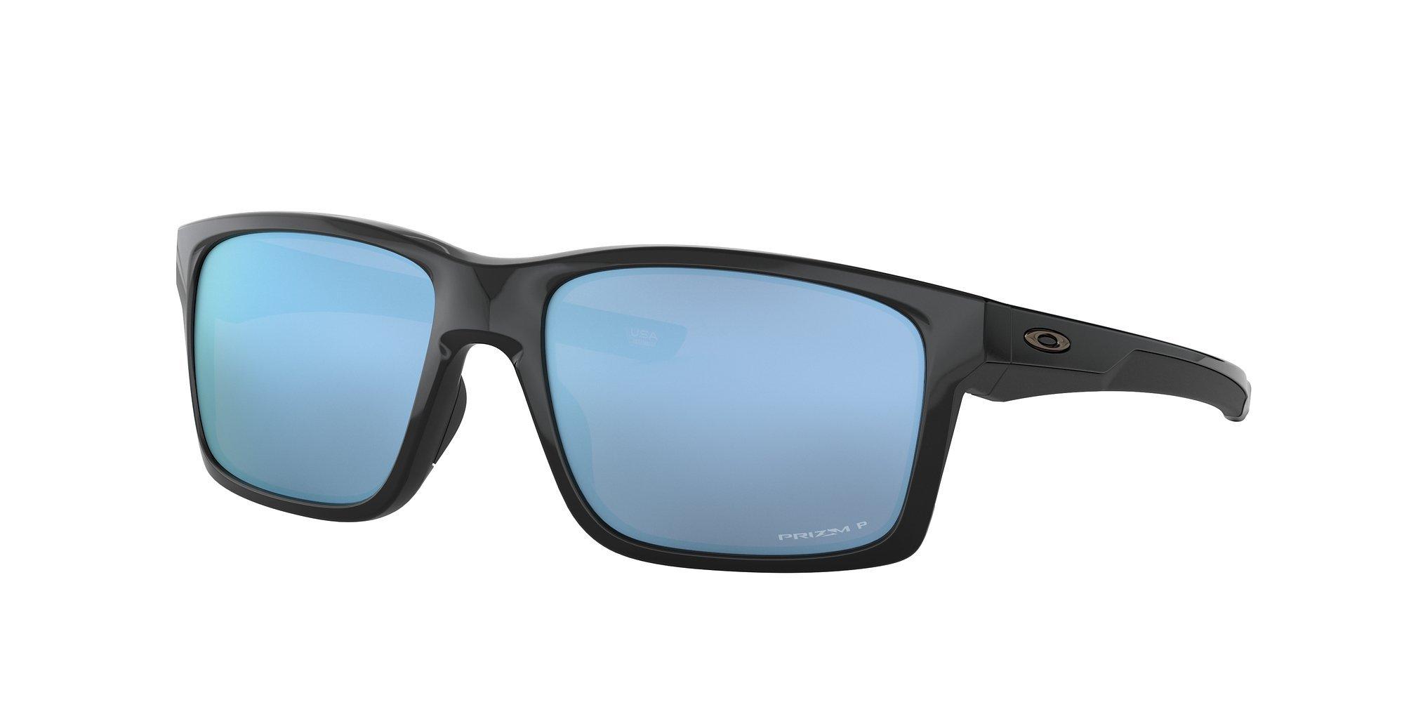 Oakley OO9264 Mainlink Prizm Polarised Rectangular Sunglasses, Black/Blue