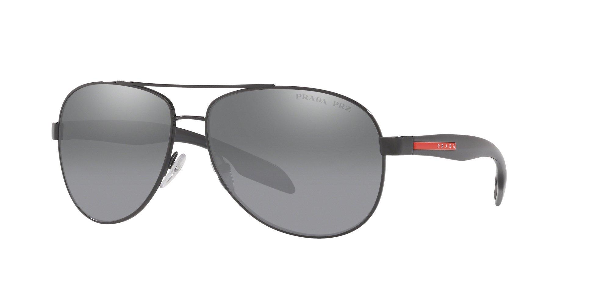 Prada Linea Rossa PS 53PS Men's Polarised Aviator Sunglasses, Black/Mirror Grey