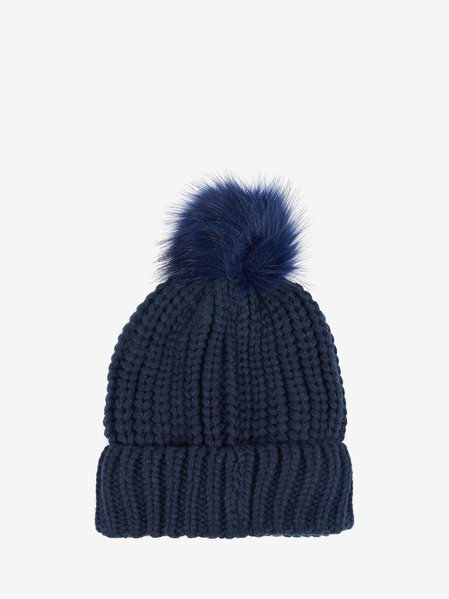 Product image 2 of 4, which shows Barbour Saltburn Faux Fur Pom Pom Beanie Hat, Navy
