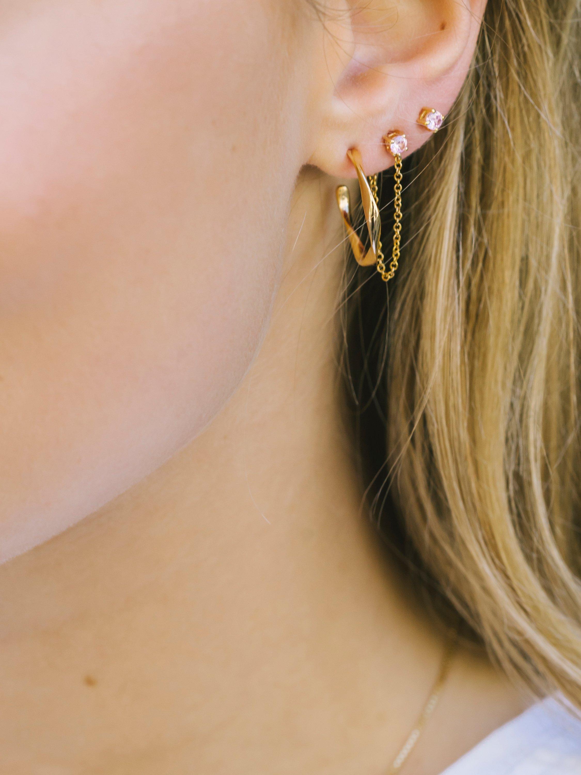 Product image 2 of 2, which shows Sif Jakobs Jewellery Princess Piccolo Solitaire Cubic Zirconia Round Stud Earrings, Gold/Pink
