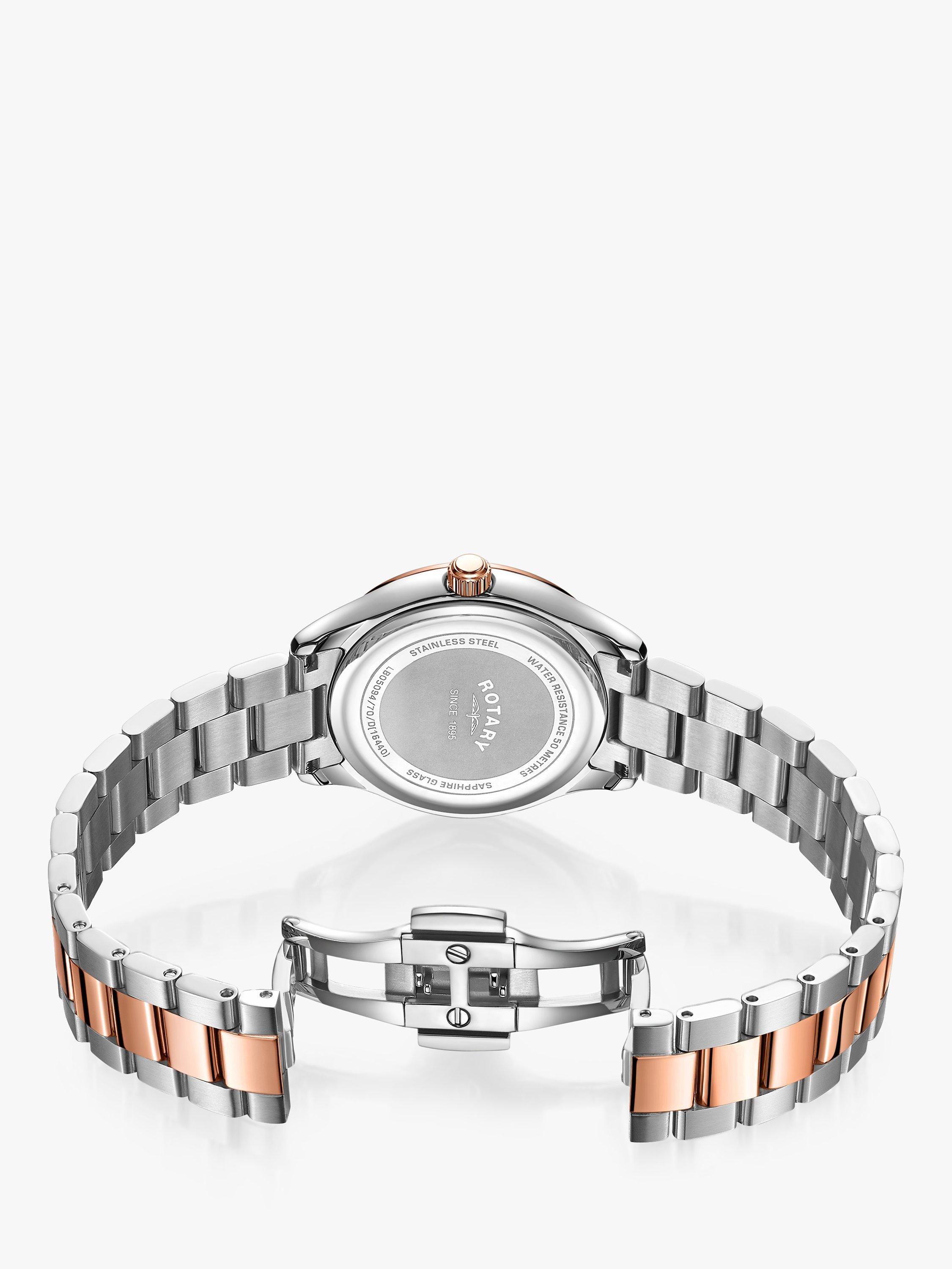 Product image 2 of 3, which shows Rotary LB05094/70/D Women's Oxford Diamond Date Bracelet Strap Watch, Silver/Rose Gold