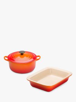 Le Creuset Cast Iron 20cm Casserole and 29cm Stoneware Dish Set, 2 Piece, Volcanic, Volcanic