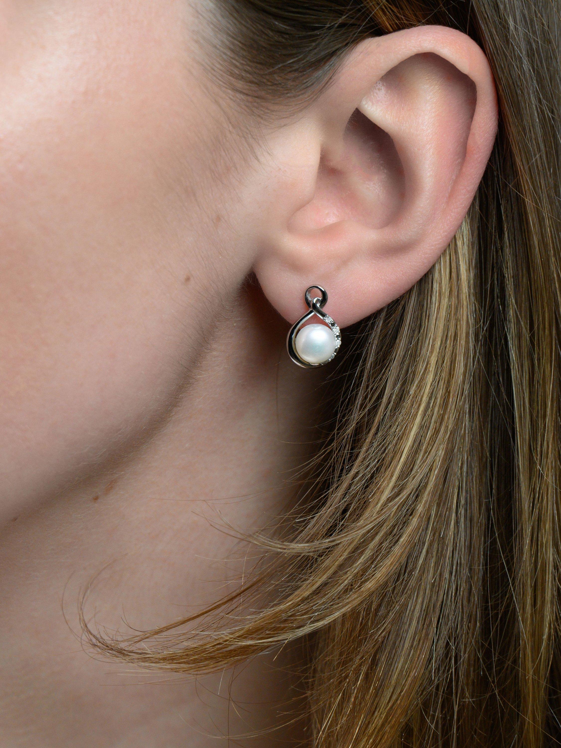 Product image 2 of 3, which shows E.W Adams 9ct White Gold Freshwater Pearl and Diamond Stud Earrings, White