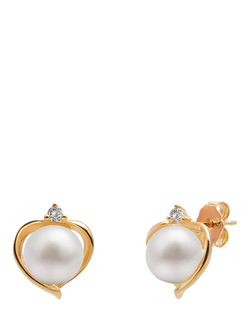 E.W Adams 9ct Gold Freshwater Pearl and Topaz Heart Stud Earrings, White, White