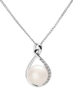 E.W Adams 9ct White Gold Freshwater Pearl and Diamond Teardrop Pendant Necklace, Silver/White, Silver/White