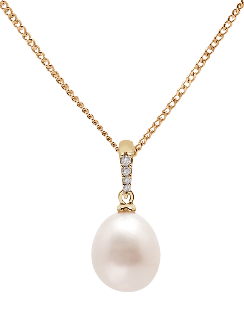 Product image 1 of 5, which shows E.W Adams 9ct Gold Freshwater Drop Pearl and Diamond Pendant Necklace, Gold/White