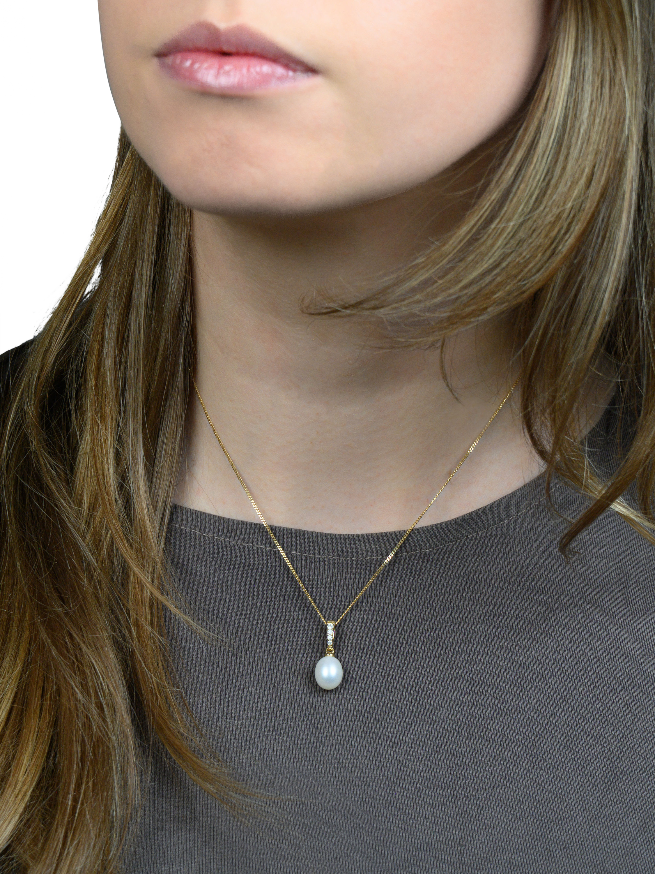 Product image 2 of 5, which shows E.W Adams 9ct Gold Freshwater Drop Pearl and Diamond Pendant Necklace, Gold/White