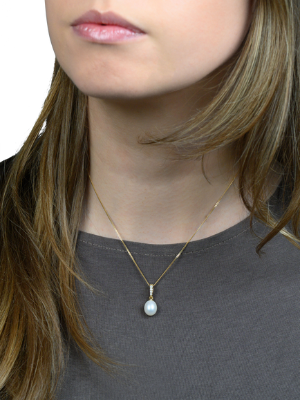 E.W Adams 9ct Gold Freshwater Drop Pearl and Diamond Pendant Necklace, Gold/White - view 2, Gold/White
