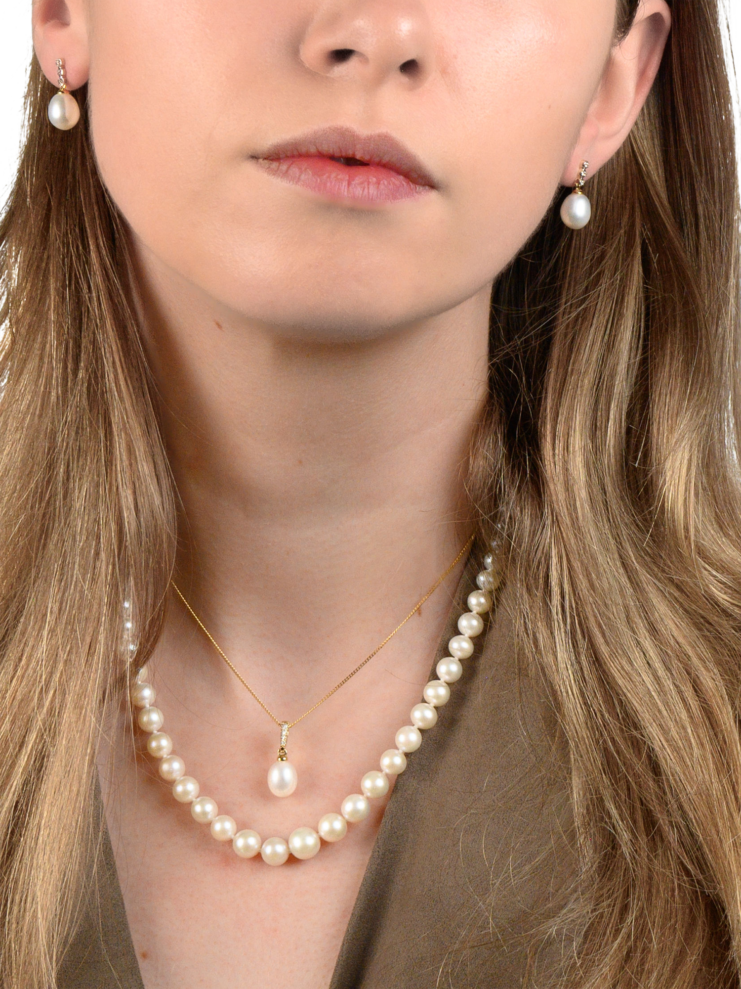 Product image 3 of 5, which shows E.W Adams 9ct Gold Freshwater Drop Pearl and Diamond Pendant Necklace, Gold/White