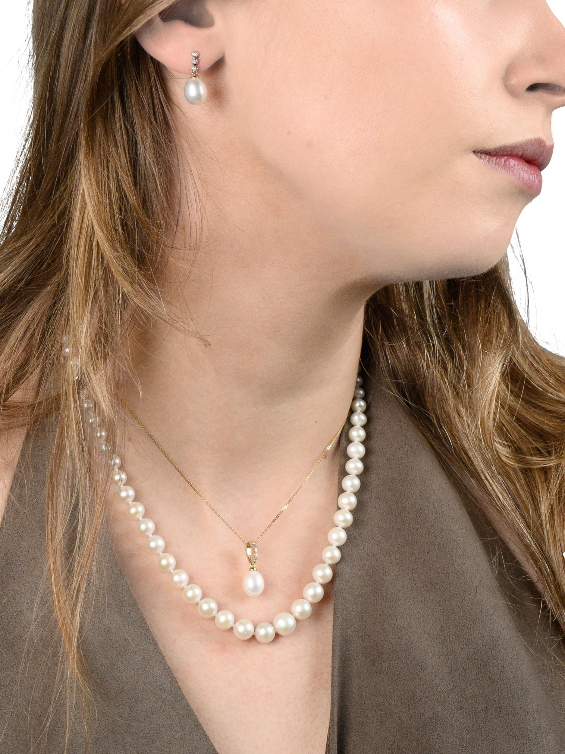 Product image 4 of 5, which shows E.W Adams 9ct Gold Freshwater Drop Pearl and Diamond Pendant Necklace, Gold/White