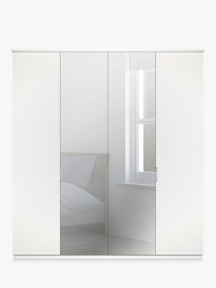 John Lewis Elstra 200cm Mirrored 4 Hinged Doors Wardrobe - view 2, Matt White/Mirror