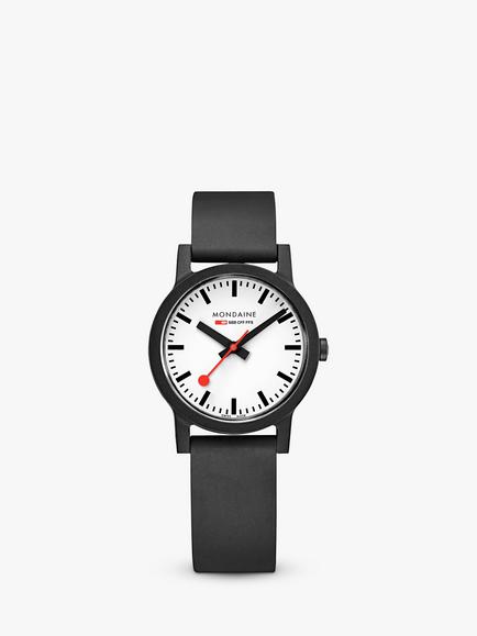 Mondaine MS1.32110.RB Unisex Essence 32mm Rubber Strap Watch, Black/White, Black/White