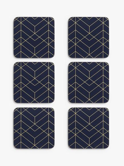 John Lewis Cork-Backed Deco Coasters, Set of 6, Navy/Gold - view 2, Navy With Gold Foiling