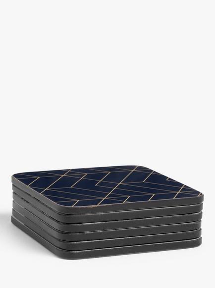 John Lewis Cork-Backed Deco Coasters, Set of 6, Navy/Gold, Navy With Gold Foiling