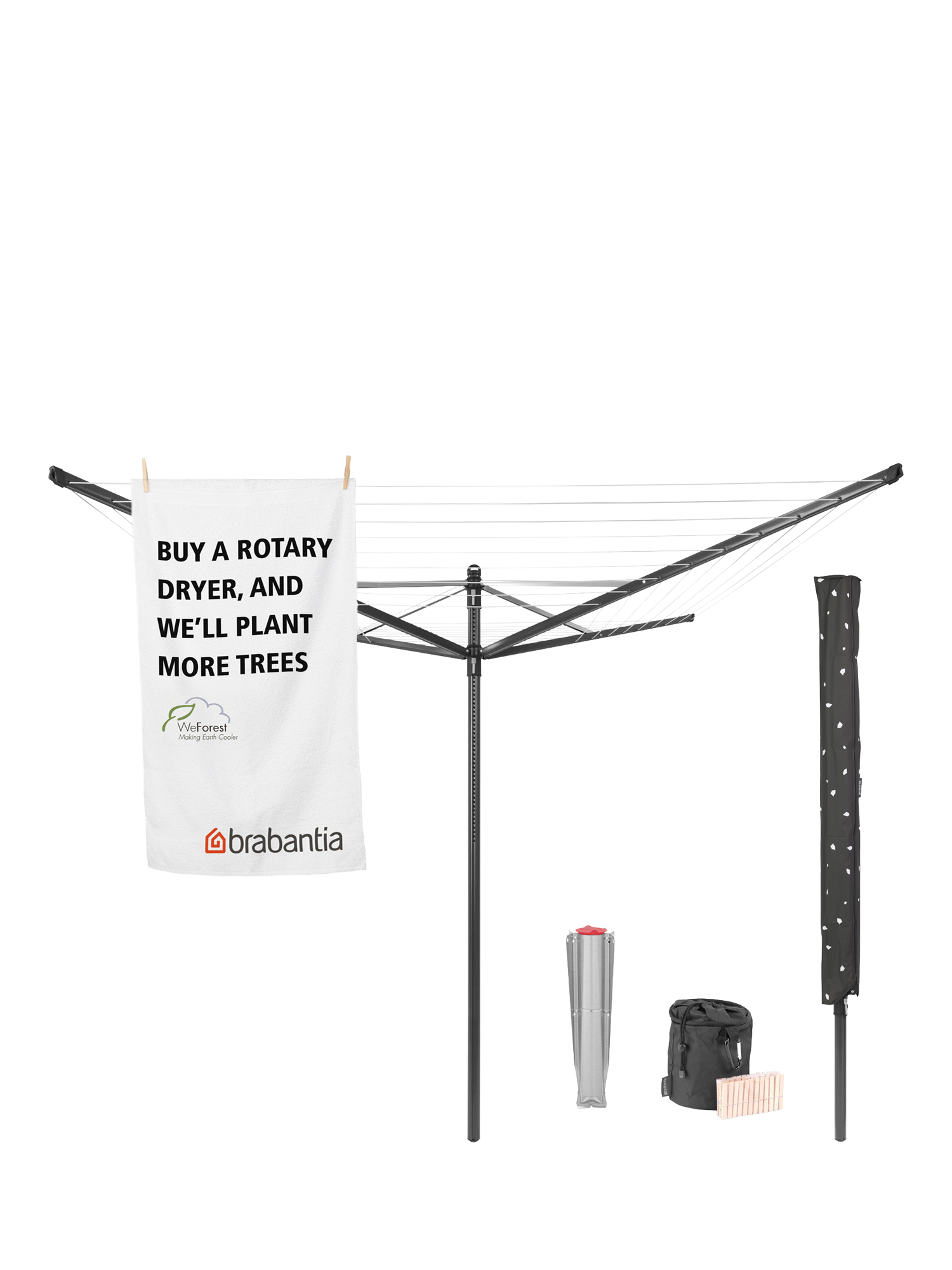 Brabantia Lift O Matic Rotary Clothes Outdoor Airer Washing Line with Ground Spike Cover Peg Bag and Pegs 50m Anthracite