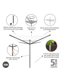Brabantia Lift-O-Matic Rotary Clothes Outdoor Airer Washing Line with Ground Spike, Cover, Peg Bag and Pegs, 50m - view 2, Anthracite