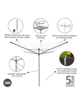 Brabantia Lift-O-Matic Rotary Clothes Outdoor Airer Washing Line with Ground Spike, Cover, Peg Bag and Pegs, 50m, Leaf Green