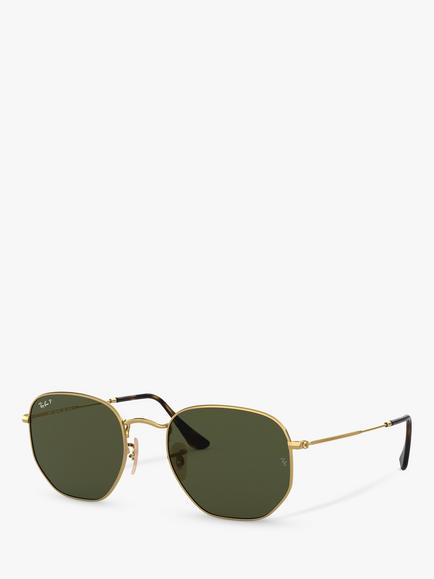 Ray-Ban RB3548N Unisex Polarised Hexagonal Sunglasses, Gold/Green
