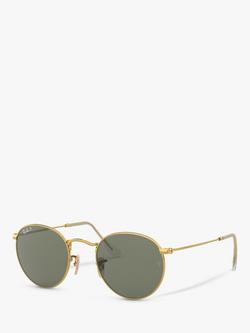 Ray-Ban RB3447 Men's Polarised Round Metal Sunglasses, Gold/Green