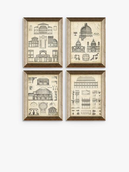Vintage Architecture Framed Prints, Set of 4, 47 x 37cm, Black/White, Black/White