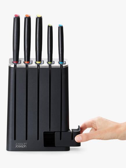 Joseph Joseph Elevate Filled Slim Knife Block & 5 Stainless Steel Knives with Sharpener, Black