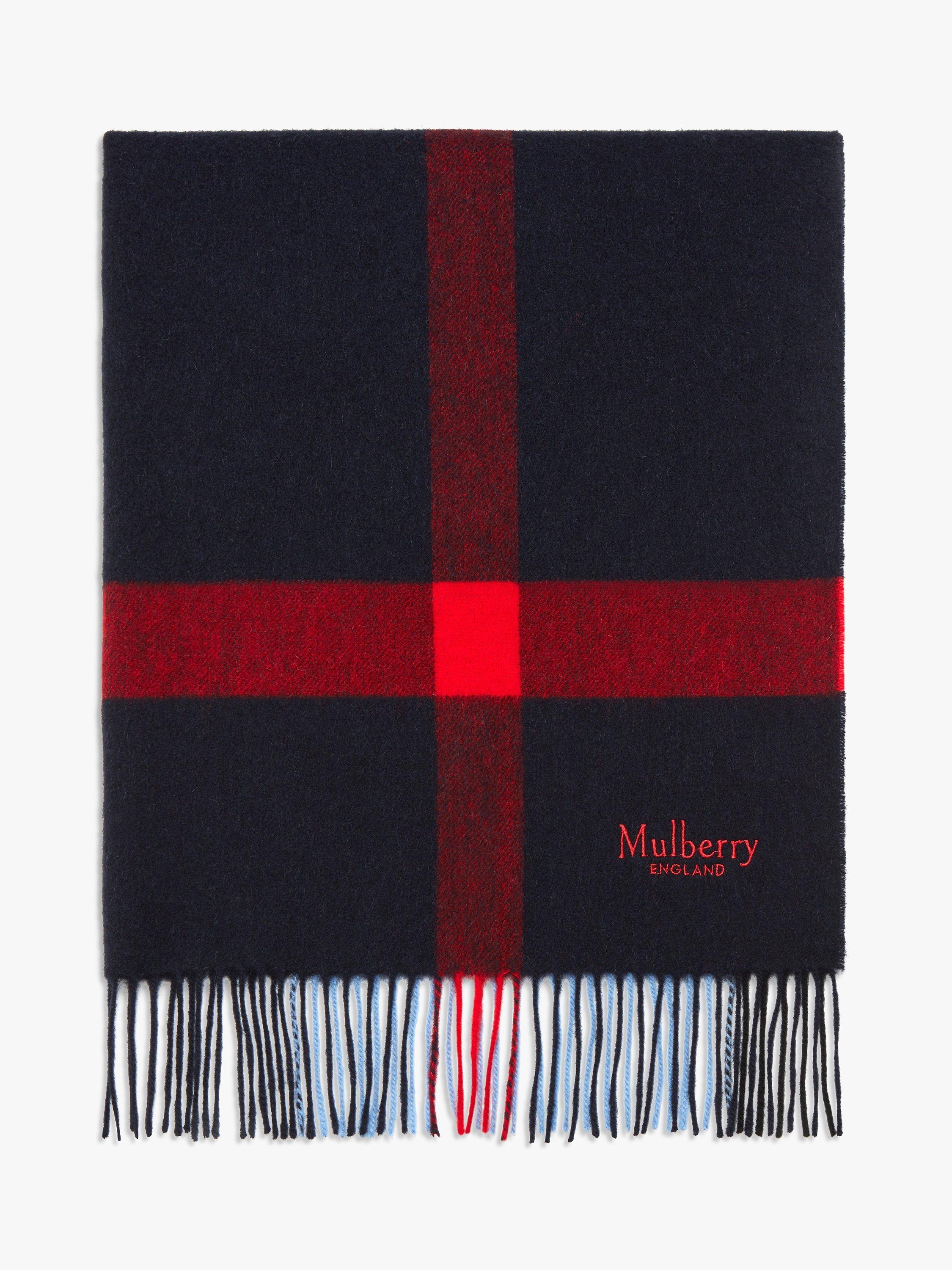 Mulberry Large Check Lambswool Scarf, Dark Navy/Red