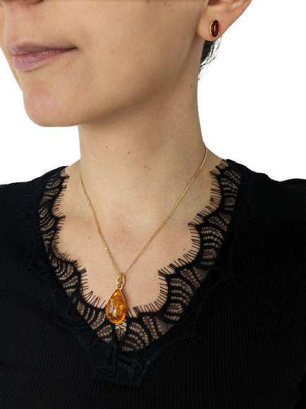 Be-Jewelled Teardrop Amber Pendant Necklace, Gold/Cognac - view 2, Gold/Cognac