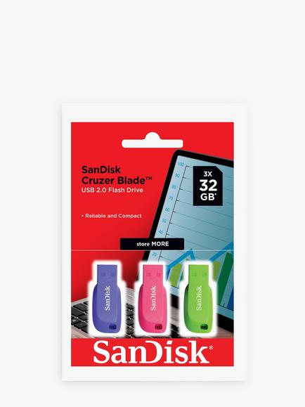 SanDisk Cruzer Blade USB Flash Drive, 32GB, 3 Pack, Blue, Green, Pink