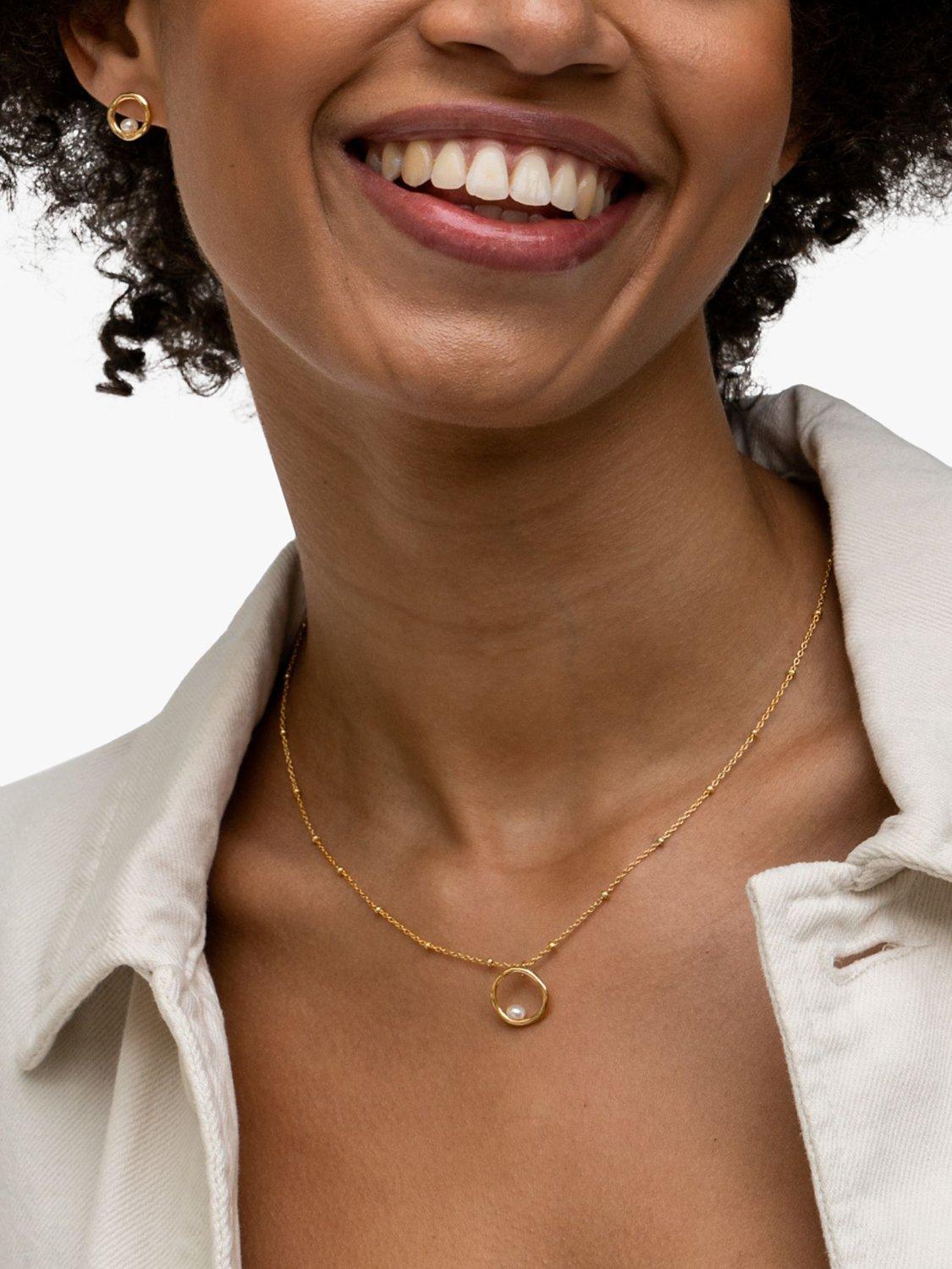 Product image 2 of 4, which shows Dower & Hall Freshwater Pearl Open Circle Stud Earrings, Gold/White