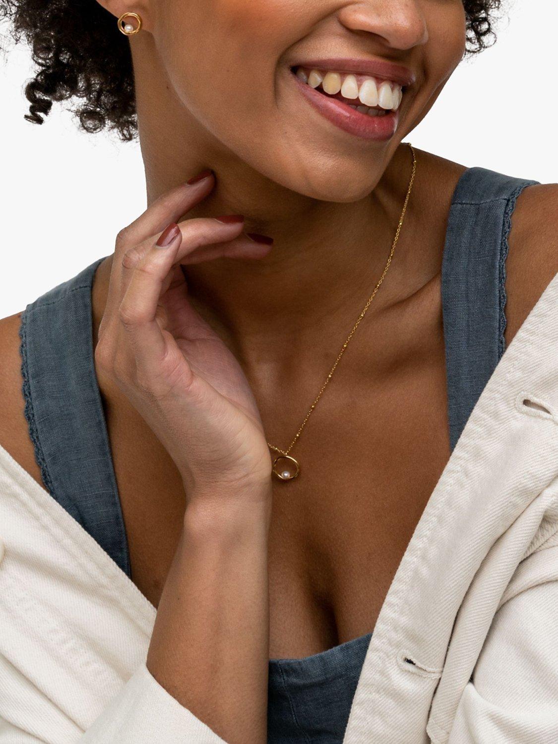 Product image 4 of 4, which shows Dower & Hall Freshwater Pearl Open Circle Stud Earrings, Gold/White