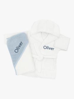Babyblooms Personalised Baby Bathrobe with Luxury Hooded Baby Towel, White/Blue, White/Blue