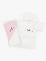 Babyblooms Personalised Baby Bathrobe with Luxury Hooded Baby Towel, White/Pink