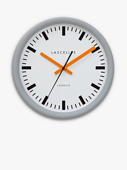 Lascelles Swiss Station Silent Sweep Wall Clock, 30cm, Grey/Orange, Grey/Orange