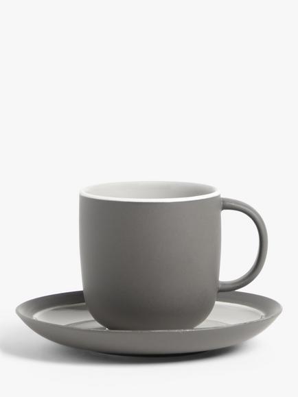 John Lewis Puritan Stoneware Cup & Saucer, Set of 2, 250ml - view 2, Dark Grey