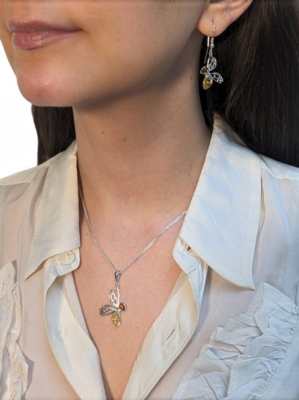 Be-Jewelled Amber Bee Pendant Necklace, Silver/Multi - view 2, Silver/Multi