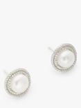 Lido Double Pave Freshwater Pearl Round Stud Earrings, Silver/White