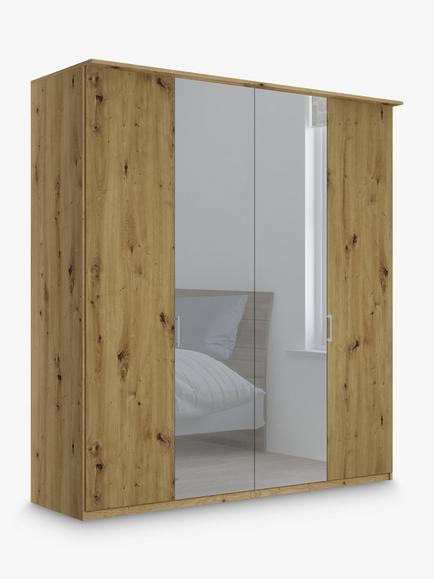 John Lewis Elstra 200cm Mirrored 4 Hinged Doors Wardrobe, Bianco Oak/Mirror