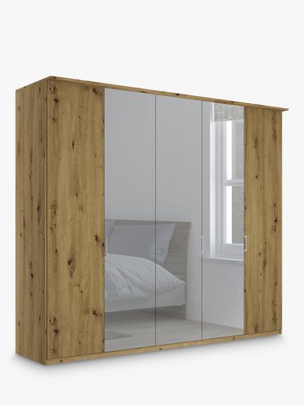 John Lewis Elstra 250cm Mirrored 5 Hinged Doors Wardrobe, Bianco Oak/Mirror