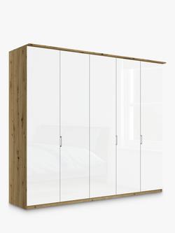 John Lewis Elstra 250cm Wardrobe with Glass Hinged Doors, White Glass/Bianco Oak